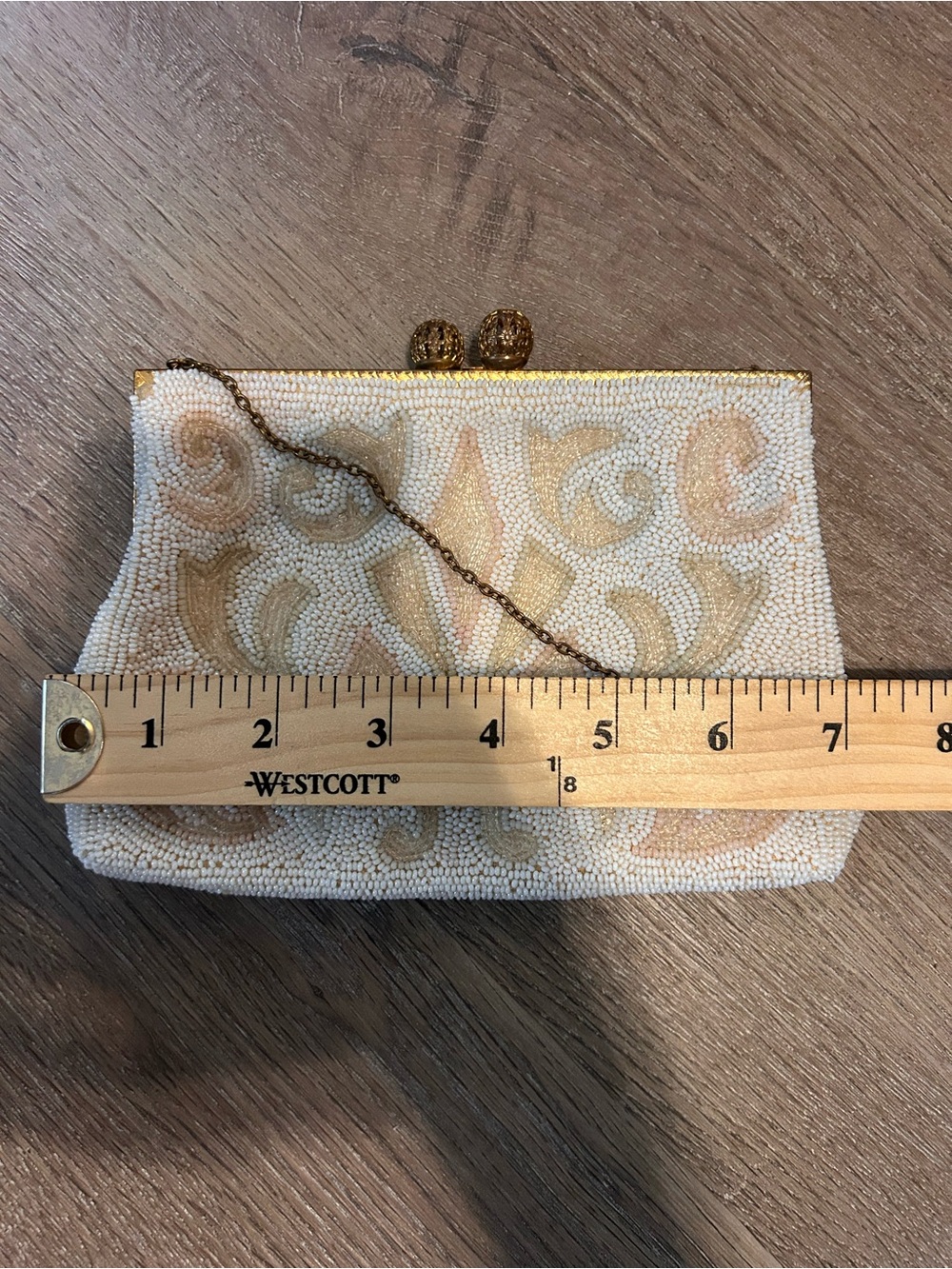 Walborg Vintage Beaded Evening Clutch Purse Ivory Pastel Swirl Gold Chain - Picture 8 of 11